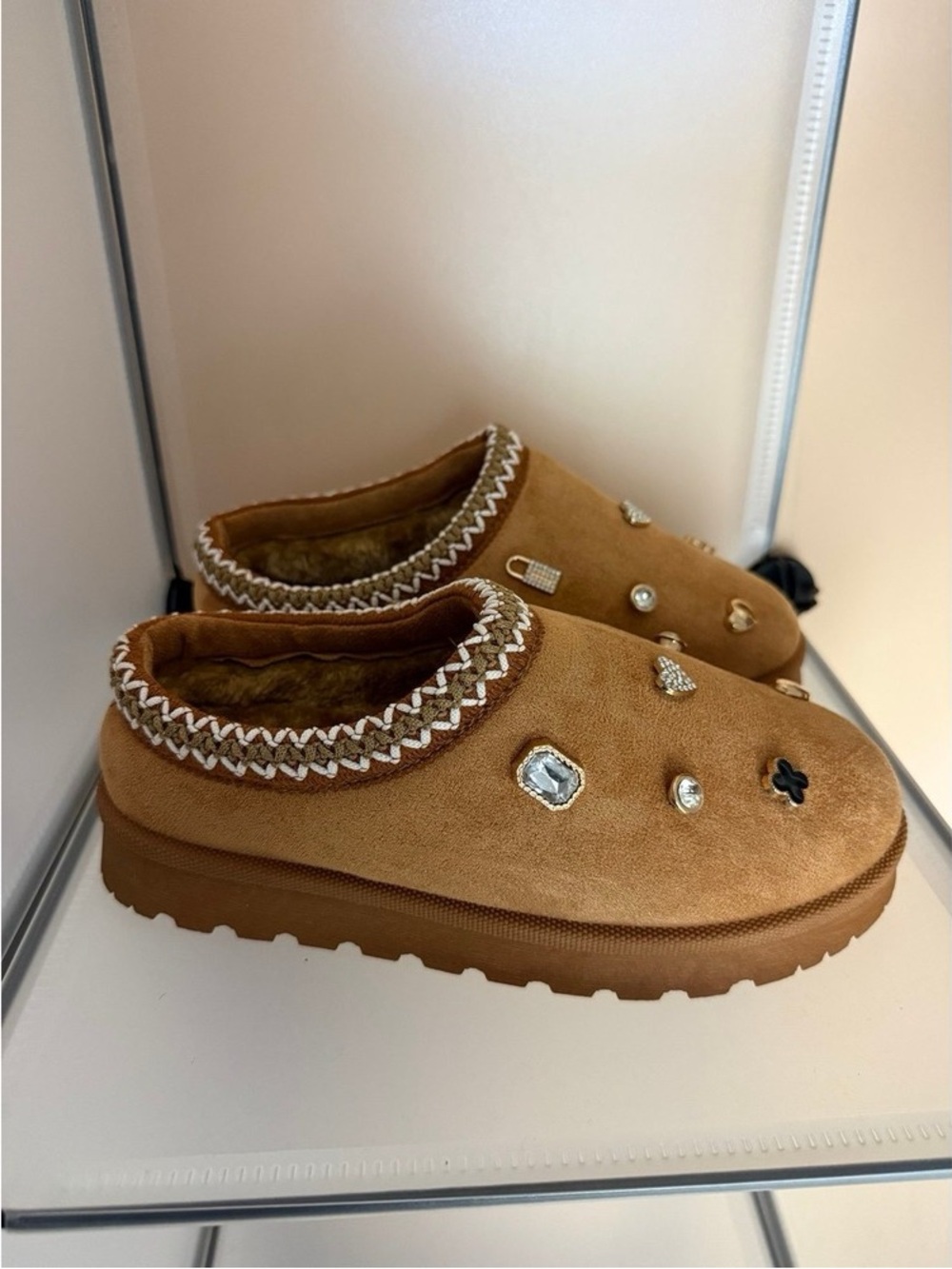 Top Moda Women's Studded Charm Platform Mule Slippers Tan Size 6